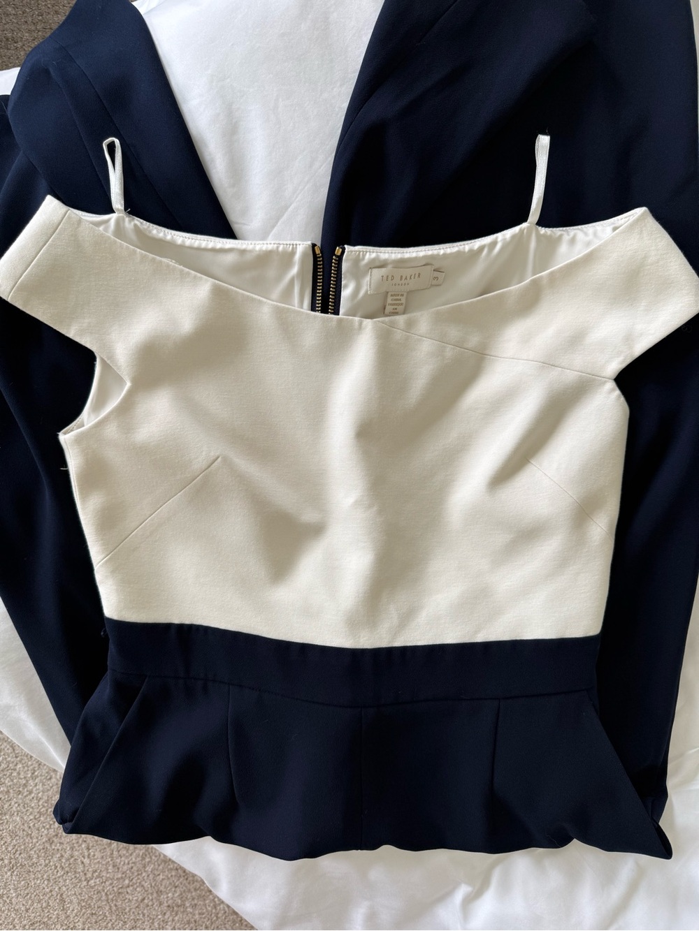 Ted Baker London Navy and White Off-Shoulder Peplum Jumpsuit